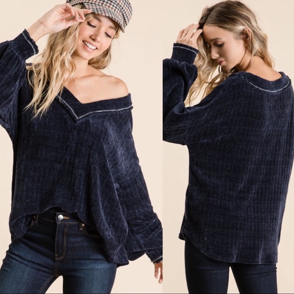 Infinity Raine Tops - OH SO SOFT CHENILLE KNIT SWEATER-NAVY